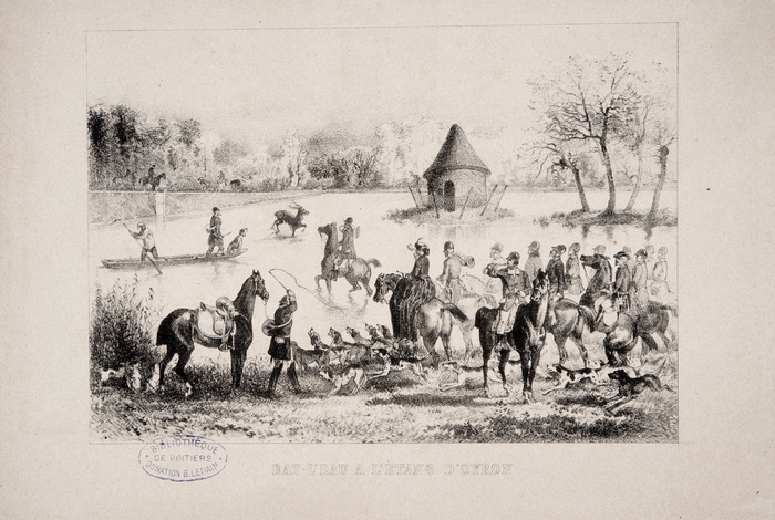 Bat-l'eau au parc d'Oyron en 1868 - Gravure du XIXe siècle - Tiré du Journal des Chasseurs - Société de Vènerie